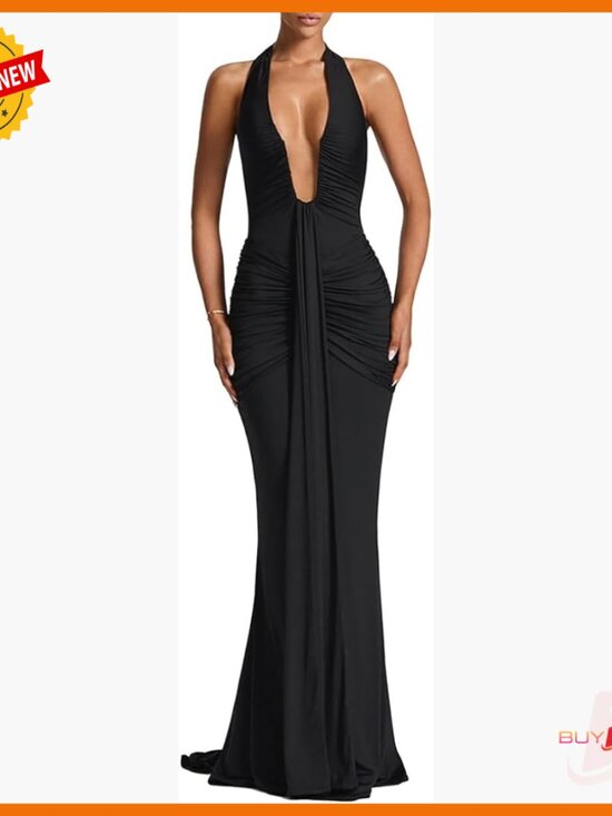 Dresses & Skirts - Sexy Deep V-Neck Maxi Dress Ruched Bodycon Formal Cocktail Evening